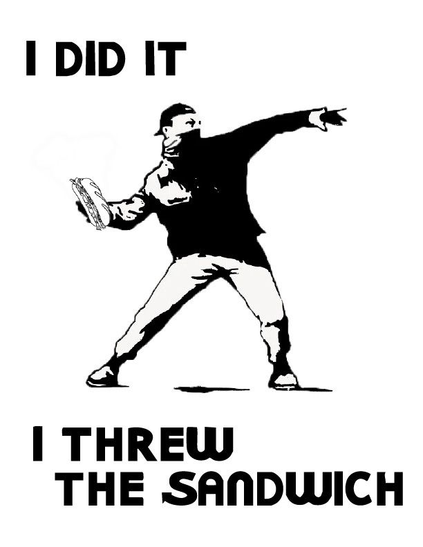 black and white image of a person throwing a sub style sandwich with text at the top that reads i did it and text at the bottom that reads i threw the sandwich and the s is in the style of the subway logo