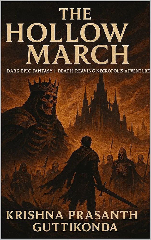 Book overview
The Hollow March
By Krishna Prasanth Guttikonda
Dark Epic Fantasy Death-Reaving Necropolis Adventure

In the death-ridden wastes of the Bleakbone Expanse, the wind doesn’t carry dust—it carries whispers. Whispers of warlords whose bones still thirst for conquest. Whispers of oaths long broken and bloodlines cursed. At the heart of this haunted desert lies Goremark, the necropolis-city built upon the remains of ten thousand years of war, ruled not by the living, but by the dead.

Karnak Valeborn is a mercenary captain bound by an ancestral death-oath and cursed to carry the skull of a forgotten king. Haunted by sins not entirely his own, he seeks to destroy the cursed relic and free himself from a legacy that refuses to die. But Goremark is not a place where the dead stay buried.

Drawn by visions carved into bone, Vorynne Ashveil—a marrow-seer who can scribe death-prophecies—journeys to the ruins, hoping to end the silence between her and the brother she lost to the necrotide cults. Together, they cross the salt-crusted wastes where buried siege engines still pulse with unholy energy and where cursed windstorms, the Marrow Howls, sing dirges in forgotten tongues.

Ilthra Gorrion, a necro-magus of terrifying ambition, seeks the fabled Crown of the Hollow King—a relic that can command death itself. When she unseals the Ash Vault of Xherak Nine-Graves, an ancient warlord rises at her command, and the Marrow Host—a skeletal legion forged from marrowsteel and cursed memories—marches again.

As the siege of Goremark begins, old enemies unite. Durnic Halvek, a fallen knight hunted by his own order; Vaesha Thornstoke, a blood-smith forging weapons from marrow and memory; and the spectral Hollow Choir, priestesses of death's oldest hymns—all must stand against a rising tide of necromancy that threatens not just the desert, but the fate of death itself.

