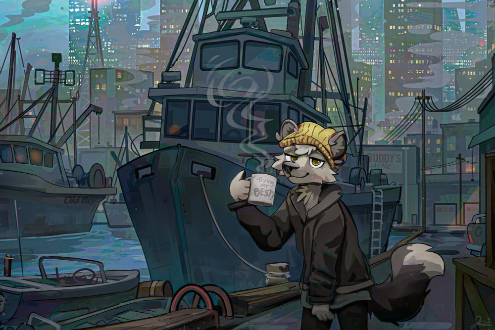 A sleepy stoat enjoys a hot coffee during the early morning hours in a fog-filled city, stood in front of an old fishing vessel.