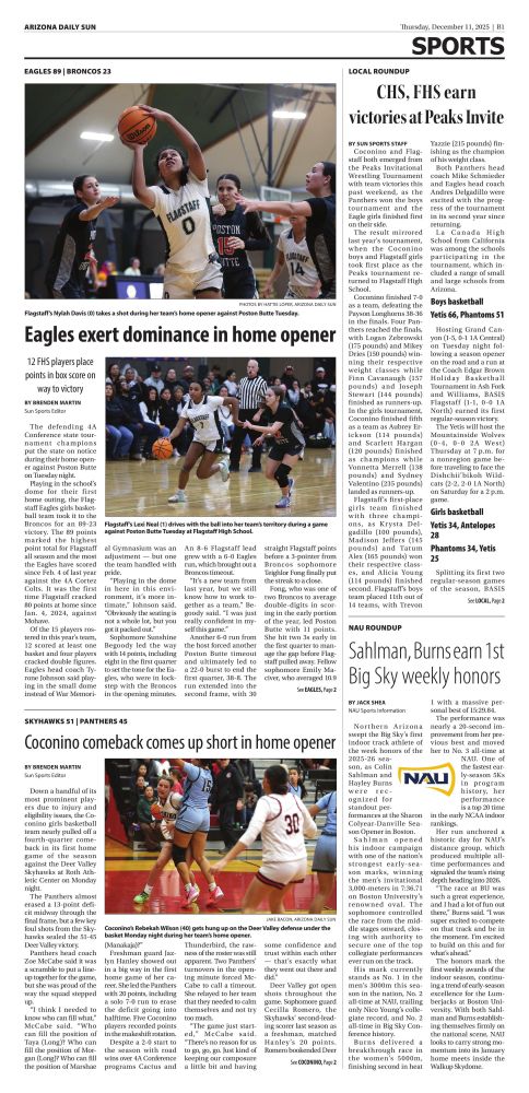 The front sports page (Page B1) of the Arizona Daily Sun, issued in Thursday, December 11, 2025. (Volume 80, Issue 47).