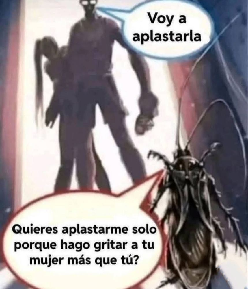 Meme en el que aparece un hombre delante de una mujer y dice:

– Voy a aplastarla.

Y una cucaracha que:

– ¿Quieres aplastarme sólo porque hago gritar a tu mujer más que tú?