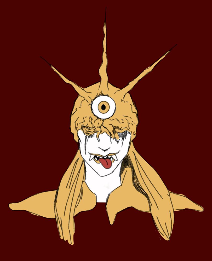 Image of a woman wearing what appears to be a living helmet. The helmet digs into her eyes, and may be corrupting her. This version is in flat colors.