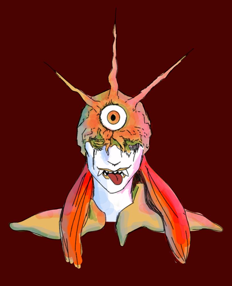 Image of a woman wearing what appears to be a living helmet. The helmet digs into her eyes, and may be corrupting her. The image is rendered somewhat roughly.