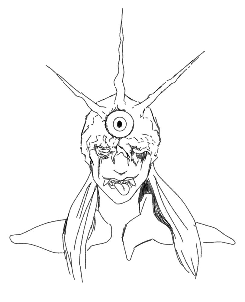 Image of a woman wearing what appears to be a living helmet. The helmet digs into her eyes, and may be corrupting her. This version is black and white line art.