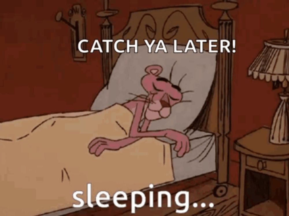 a pink panther sleeping in a bed with the words catch ya later sleeping