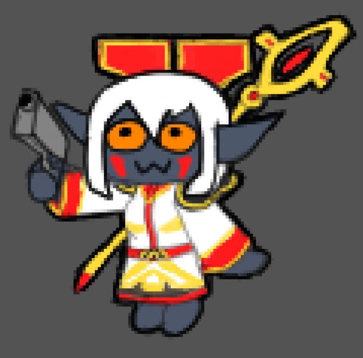 Marshmallow dressed up in World of Warcraft Vestments of Prophecy and Benediction. She has a gun.