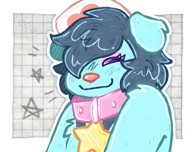 A bust of a luxio character with floppy ears wearing a big pink collar with a big yellow star tag. His shoulders are up and he’s smiling with closed eyes.