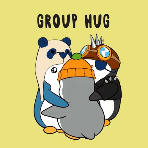 a cartoon of three penguins hugging each other with the words group hug on the bottom