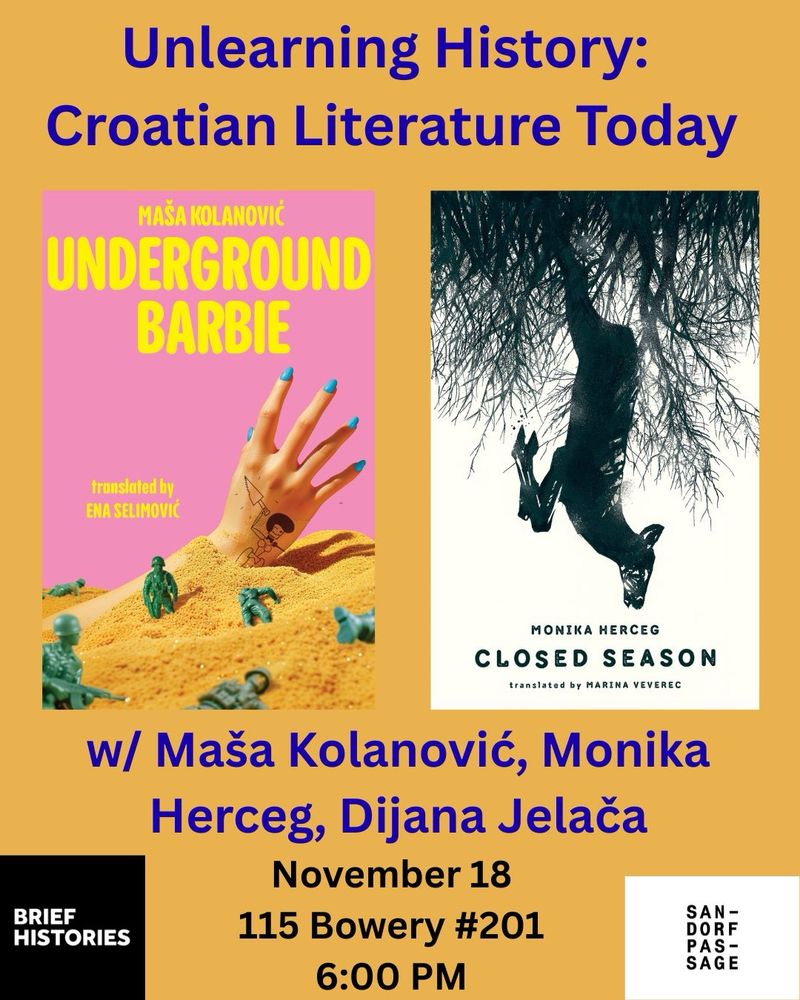 Flyer for November 18 event at Brief Histories gallery with Monika Herceg, Maša Kolanović, and Dijana Jelača