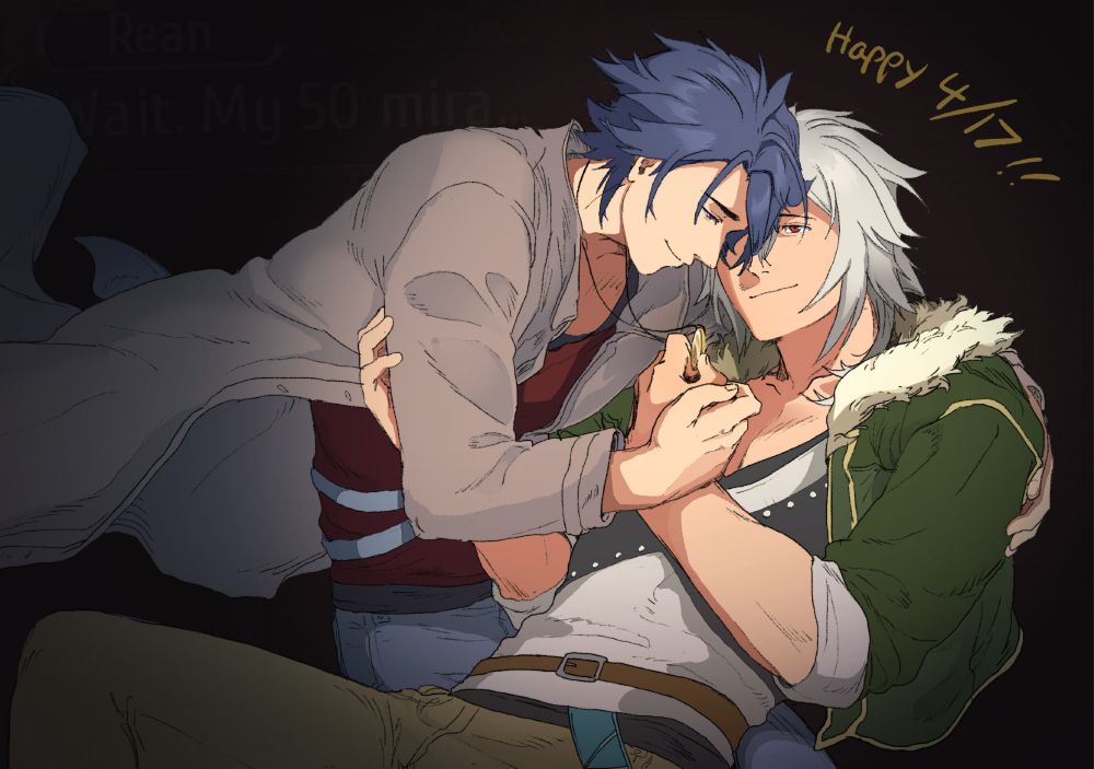 Rean and Crow holding each other and smiling softly. They're holding the original 50 mira coin Rean wears as a necklace. CrowRean!

Very faintly in the background, I added the screenshot text from The Incident:
"Rean: Wait. My 50 Mira...."