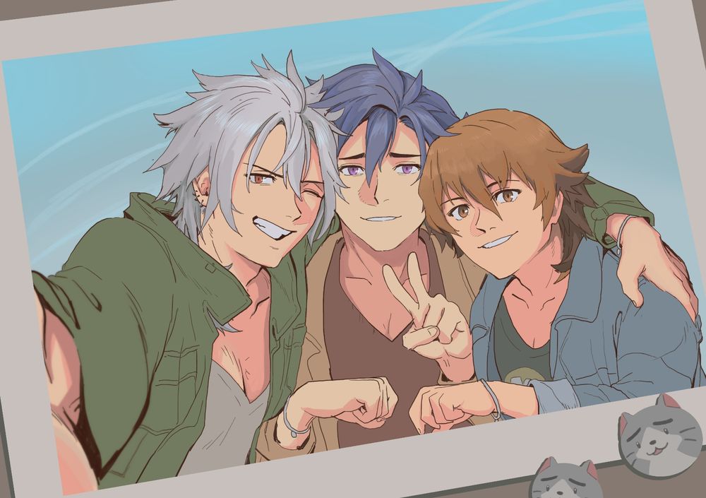 A photo of Crow, Rean, and Lloyd huddling in close and posing for the camera. Crow is holing up the camera, Rean and Lloyd are doing their little fist bump team up thing. Crow has an arm around the both of them. They are all wearing matching bracelets. 
There are some Mishy pins left on top of the photo - maybe they met up at Mishelam!