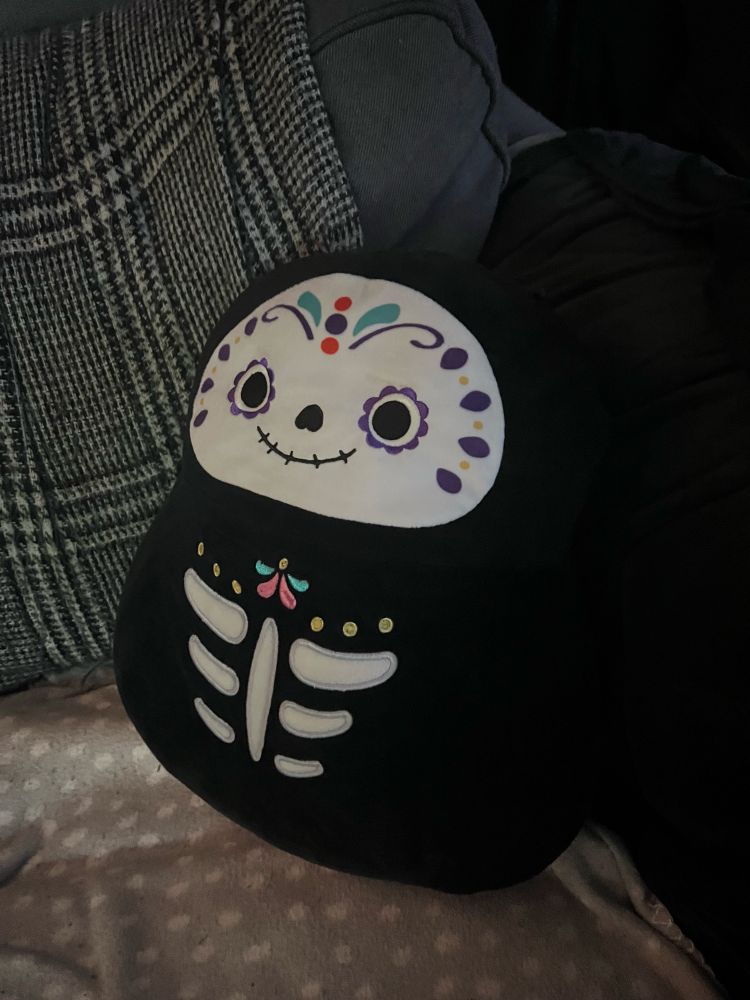 Ein rundes Kissen im Halloween Design, das Kissen ist schwarz und hat ein weißes Gesicht das im mexikanischen „Dia de la Muertos“ Stil verziert ist und der Figur La Catrina entfernt ähnelt. Auf dem runden Körper sind stilisierte Rippen und ein paar bunte Punkte.
Der Stoff fasst sich an wie Samt und das Kissen ist ganz weich und squishy. 
