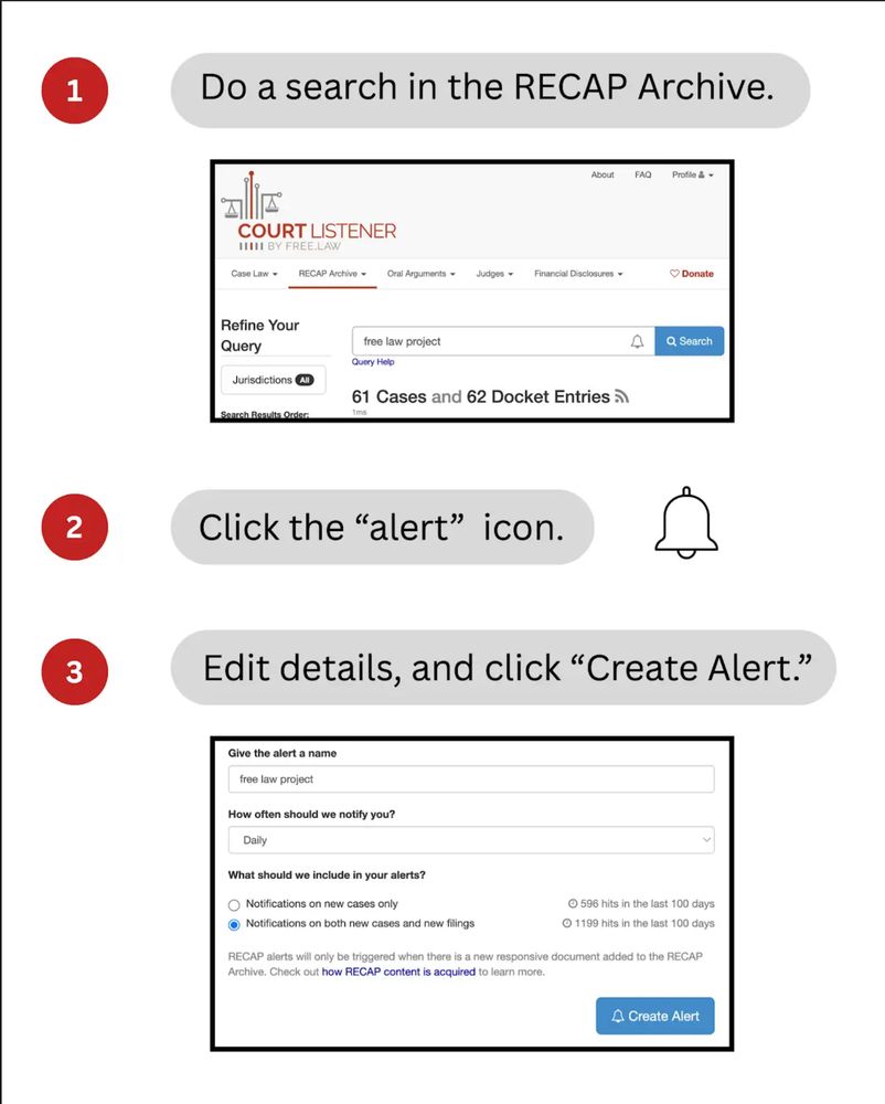 A picture showing how to make an alert:

1. Do a search in the RECAP Archive
2. Click the bell icon in the query bar.
3. A modal pops up where you can edit the details for the alert (give it a name, set the timing, etc.)