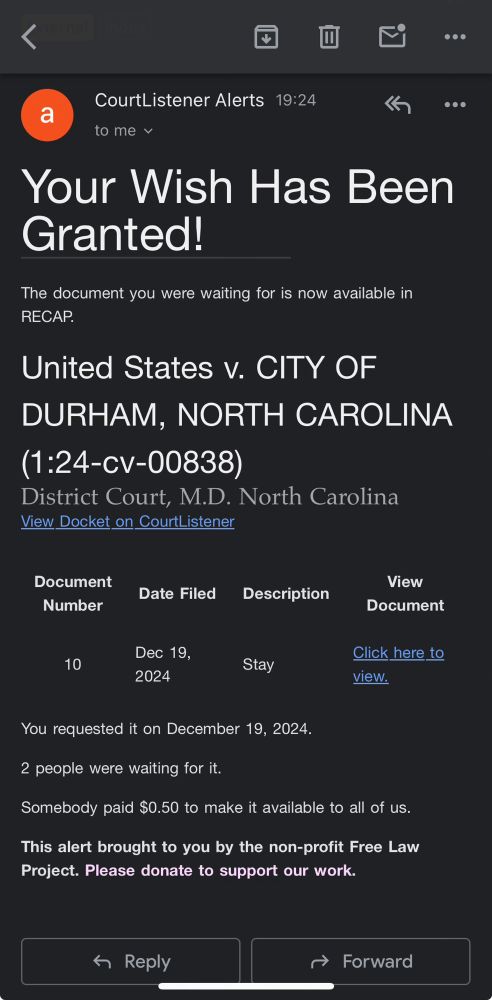 A screenshot of an email saying that, “Your wish has been granted,” and providing a link to the document to download it. 