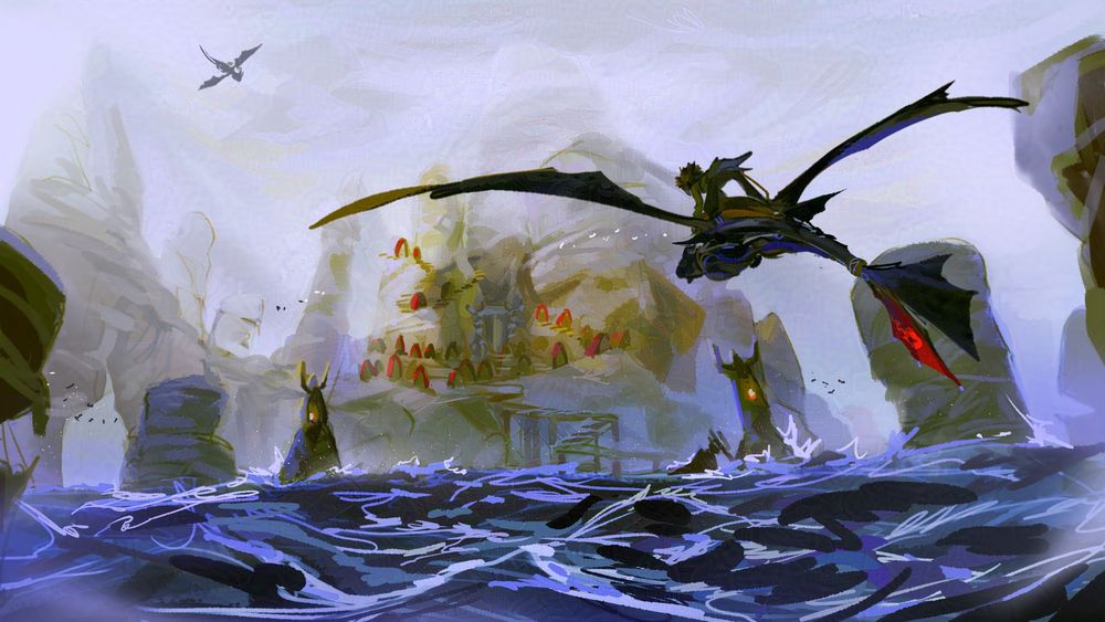 Reminiscent of the intro to How to Train your Dragon 1, Hiccup is flying with his dragon Toothless towards Berk, right above the waves, in a gloomy, cloudy day