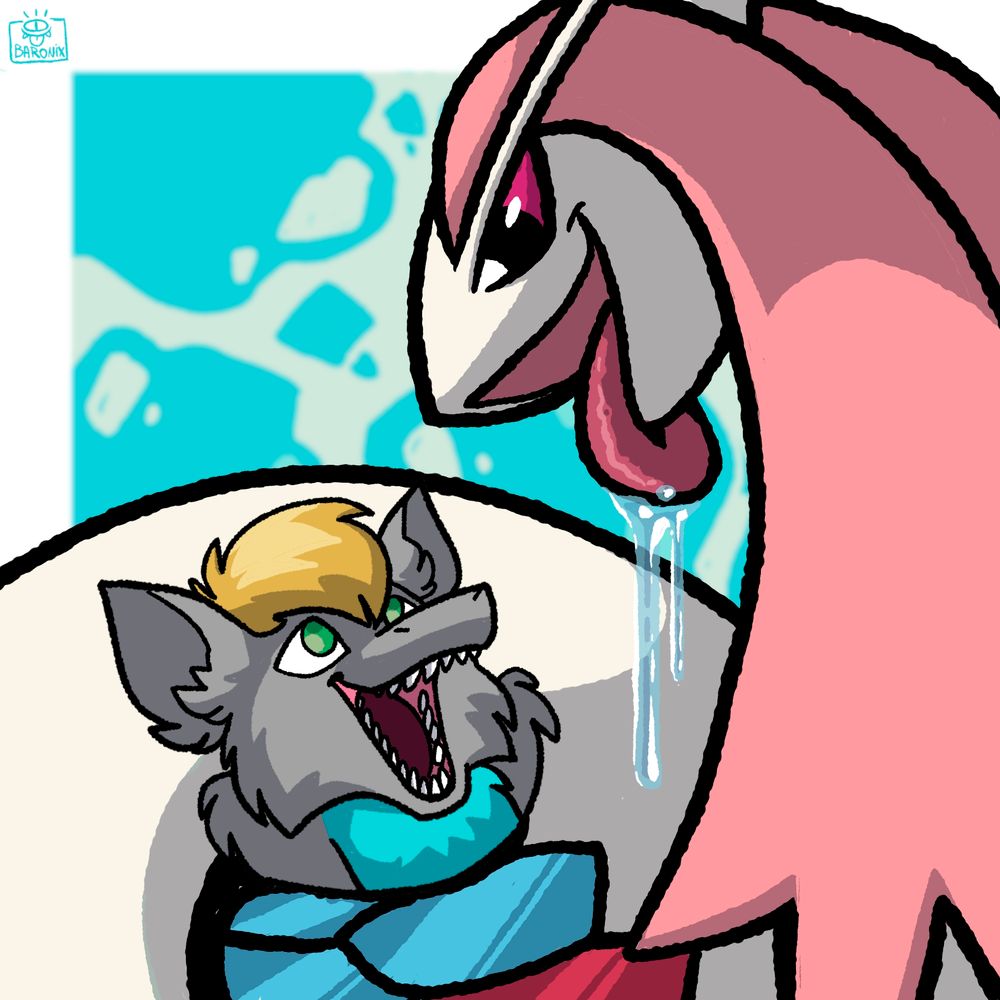 Milotic coiled around Josh and looking down at him while drooling. Meanwhile Josh looks back up at her excitedly.