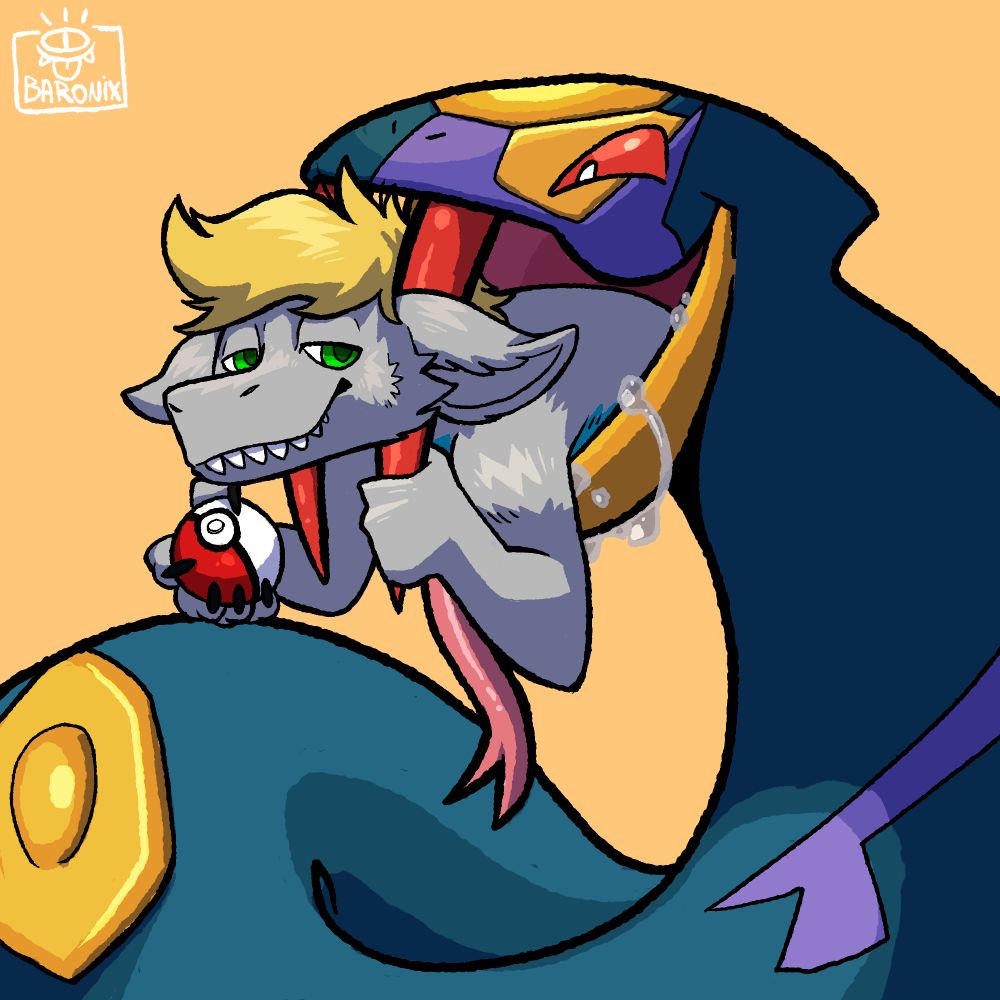 Josh's seviper swallowing its trainer whole while he holds onto its fang and smiles toward the viewer, holding the seviper's pokeball in the other hand.