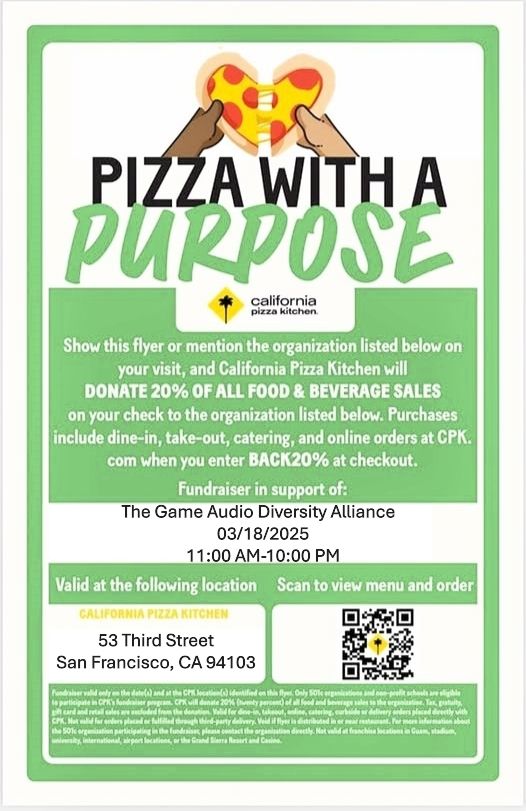 Flyer GADA GDC fundraiser at California Pizza Kitchen
Pizza with a Purpose
Show this flyer or mention the organization listed below on your visit, and California Pizza Kitchen will DONATE 20% OF ALL FOOD & BEVERAGE SALES on your check to the organization listed below. Purchases include dine-in, take-out, catering, and online orders at CPK. com when you enter BACK20% at checkout.
03/18/2025
11:00 AM - 10:00 PM
53 Third Street 
San Francisco, CA 94103