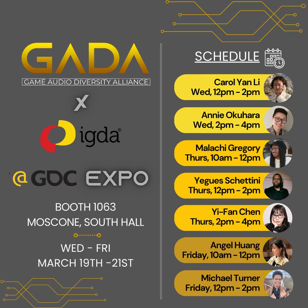 Graphic with GADA, IGDA, and GDC logos listing a schedule of GADA scholars and their showcase times