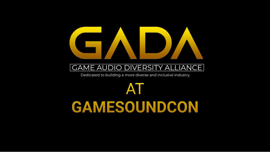 Graphic with GADA logo and text at GameSoundCon in gold
