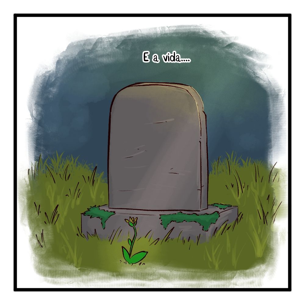 Um túmulo com pouco musgo, rodeado de grama com um broto iluminado já crescendo a sua frente, a cena está mais clara.