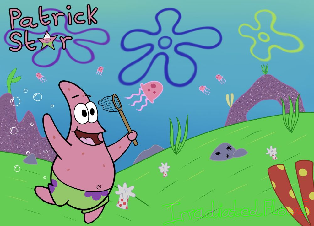 A digital drawing of Patrick, who's running happily with a net in his hand with a jellyfish right beside. The background is of jellyfish fields, with lush green fields and various foliage, purple rocks in the distance as well as smaller jellyfish. There are flower clouds in the sky. Patrick Star is written in the top left corner, but instead of an A it's a small star colored to look like Patrick. 