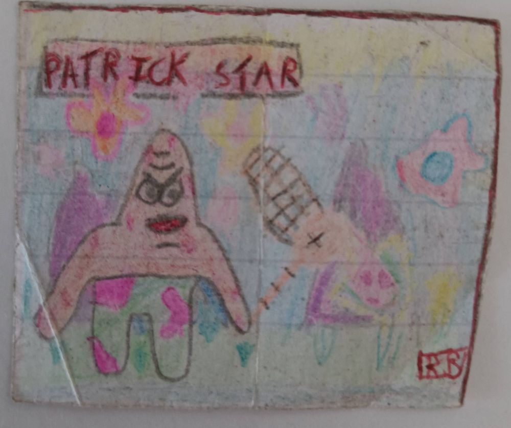 A pencil doodle of patrick from spongebob on lined paper, holding a net and a jellyfish to his side. The background is of jellyfish fields. 