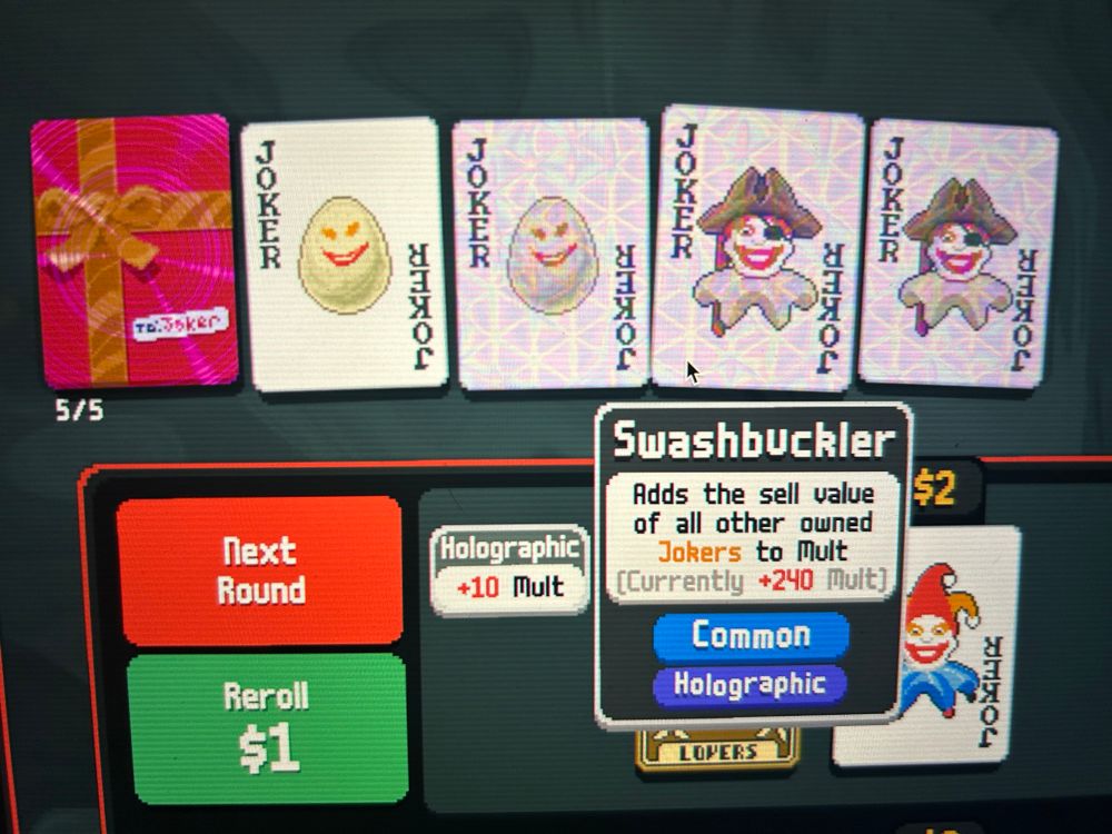 An image of Balatro jokers. They are one foil gift card, two eggs (one holographic) and two holographic Swashbucklers at +250mult