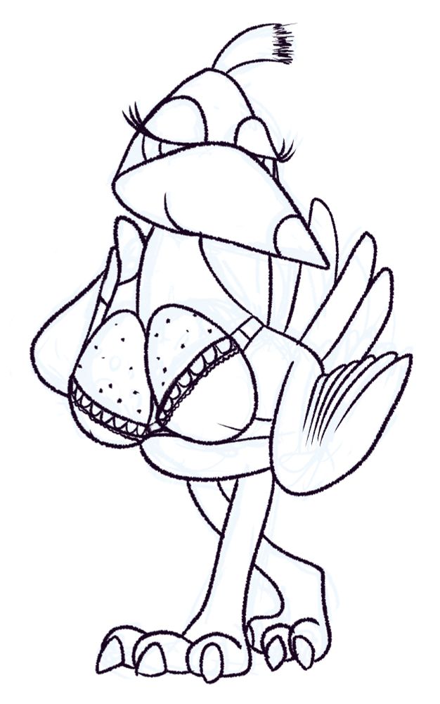 a sketch drawing of Kazooie from Banjo-Kazooie wearing a bra, in the cups are two of her eggs. She's looking seductively to her left while raising a strap with one wing