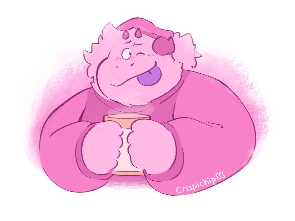 A sketch of Trymask in winter clothes holding a coffee and smiling