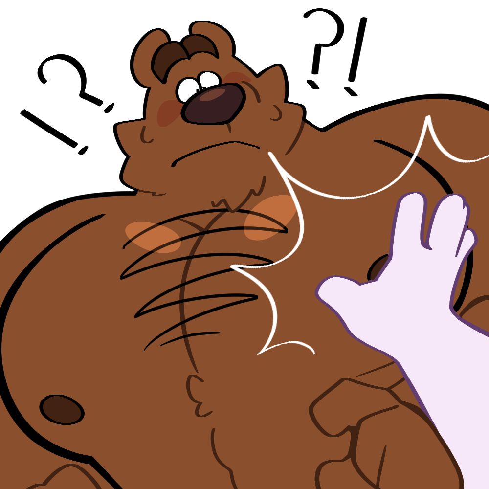 An artwork of B looking surprised after getting his pecs bapped