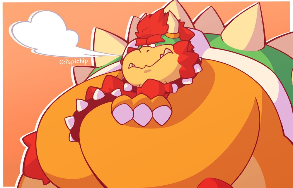 An artwork of Bowser crossing his arms and blushing while looking away from the camera and puffing out a large gust of air