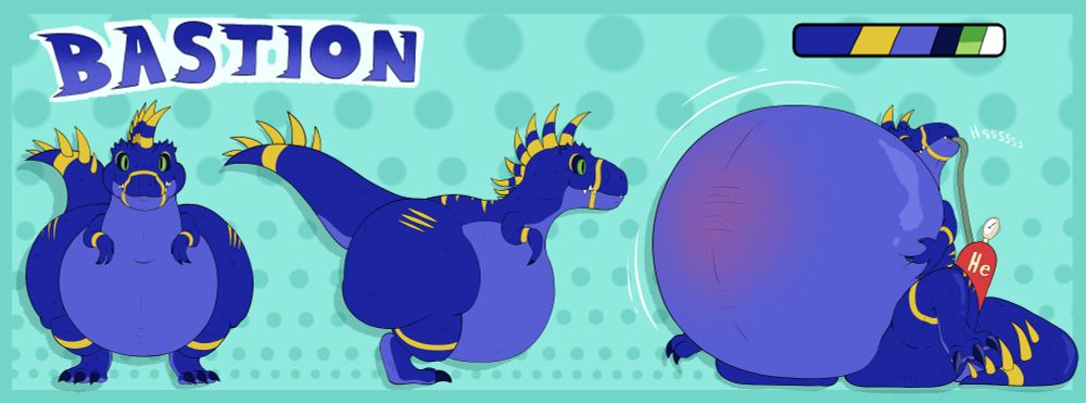 A reference sheet of a chunky Tyrannosaurus named Bastion who is seen from the front, sideways, and inflating his belly with helium
