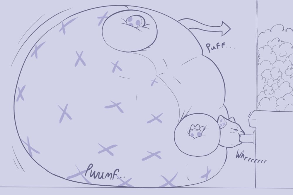 Makura (It/Its) huge, round, belly down with its mouth attached to a stuffing machine!