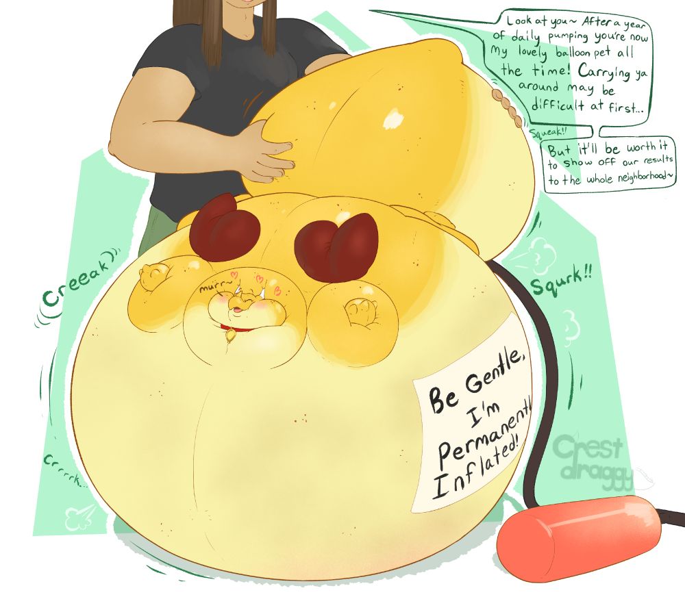 Anthony the Smallfry resting atop their swollen belly with a hose in their rear. Their tail is puffed outward and is being caressed by their owner. The owner says "Look at you~ After a year of daily pumping you're now my lovely balloon pet all the time! Carrying ya around may be difficult at first... but it'll be worth it to show off our results to the whole neighboorhood~"