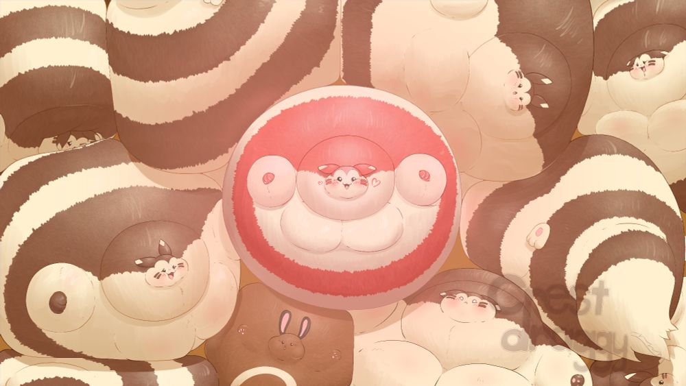 A bunch of round belly Furrets squished against each other! There is one shiny furret in the center and a sentret squished below them.