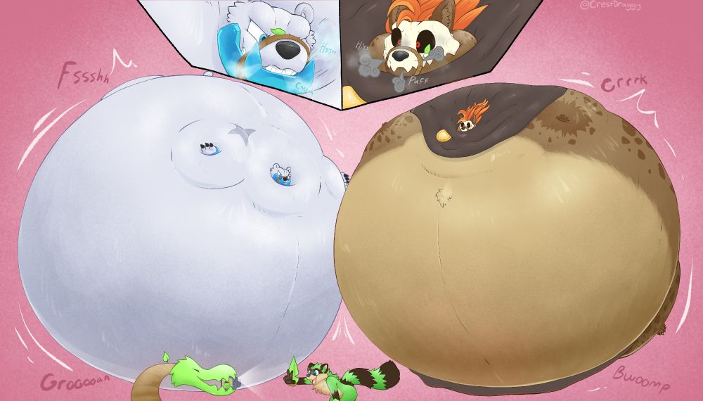 Etalus and Forsburn from Rivals of Aether having a vine wrapped around their muzzles and inflating to huge rounded sizes due to their elemental breath. Maypul is standing in front of them snapping a pic of the 2 beached characters. belly