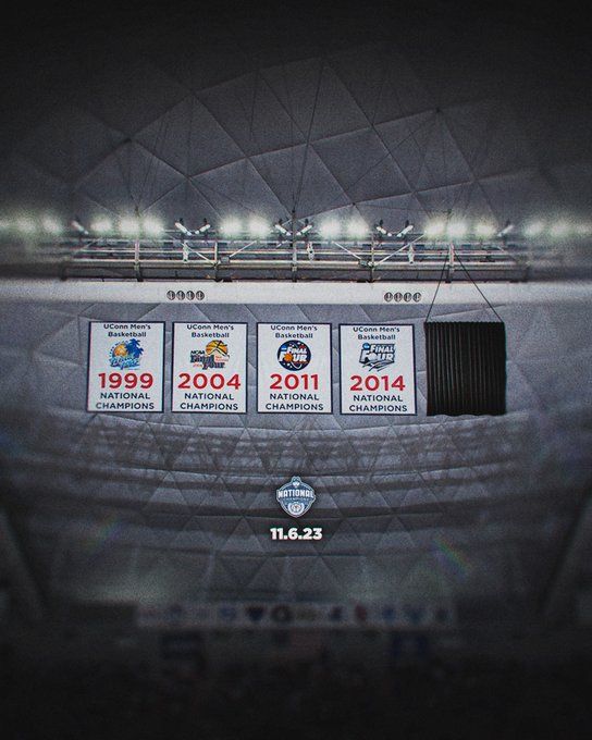 The ceiling at Gampel (where UConn only hangs National Championship banners) with the 1999, 2004, 2011, 2014 banners and a space reserved for the 2023 version. The 2023 banner will be revealed 11/6, be there!!!