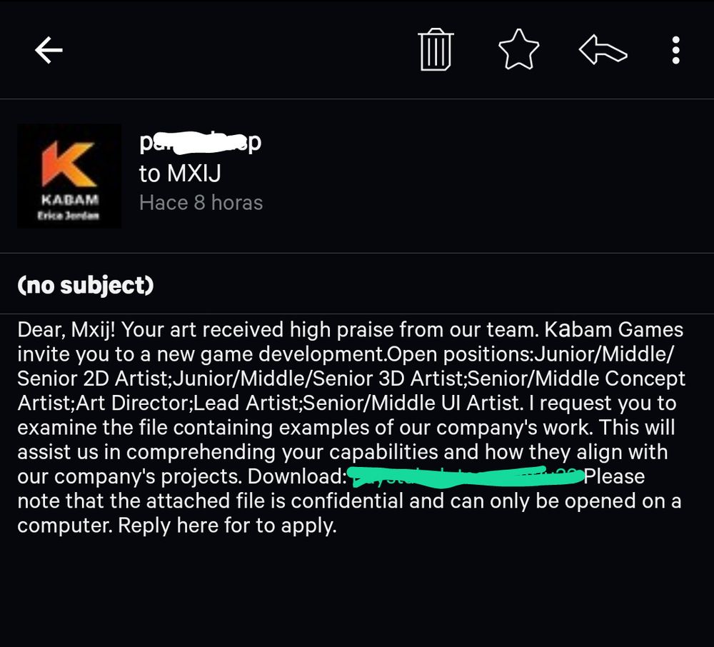 Direct message of a usar establishing i could work in Kabam; for security and anonimousity, both user name and link has been written over