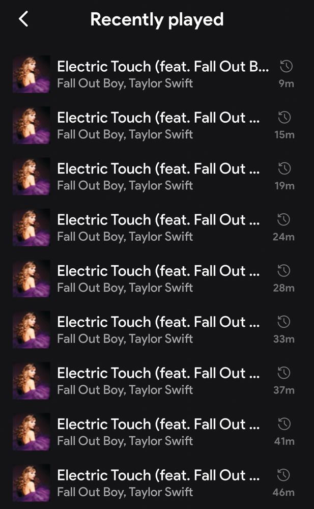 the “recently played” section on the app stats.fm. the song “electric touch” by taylor swift and fall out boy has been on repeat for 46 minutes, i’ve listened to it 9 times and counting 