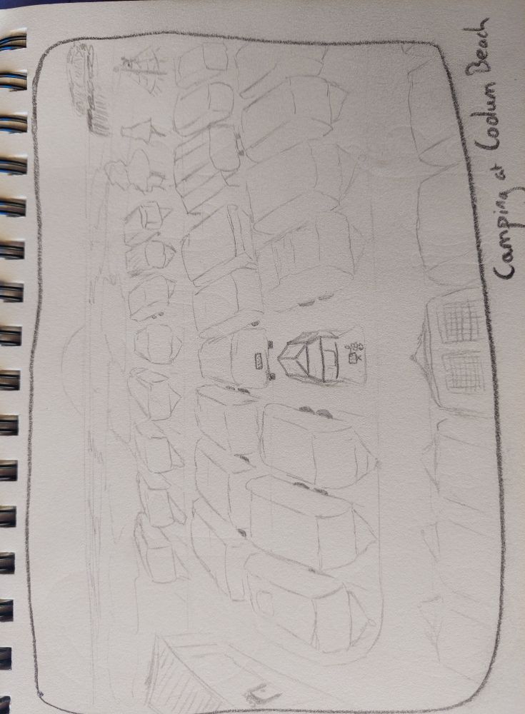 A pencil sketch of a little tent surrounded by giant caravans with the coast in the distance.