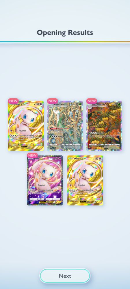 A screenshot of the Opening Results of a Mythical Island rare pack in Pokemon Pocket, featuring two golden Mew ex cards, a full art Serperior, a full art Exeggutor, and a full art Mew ex.
