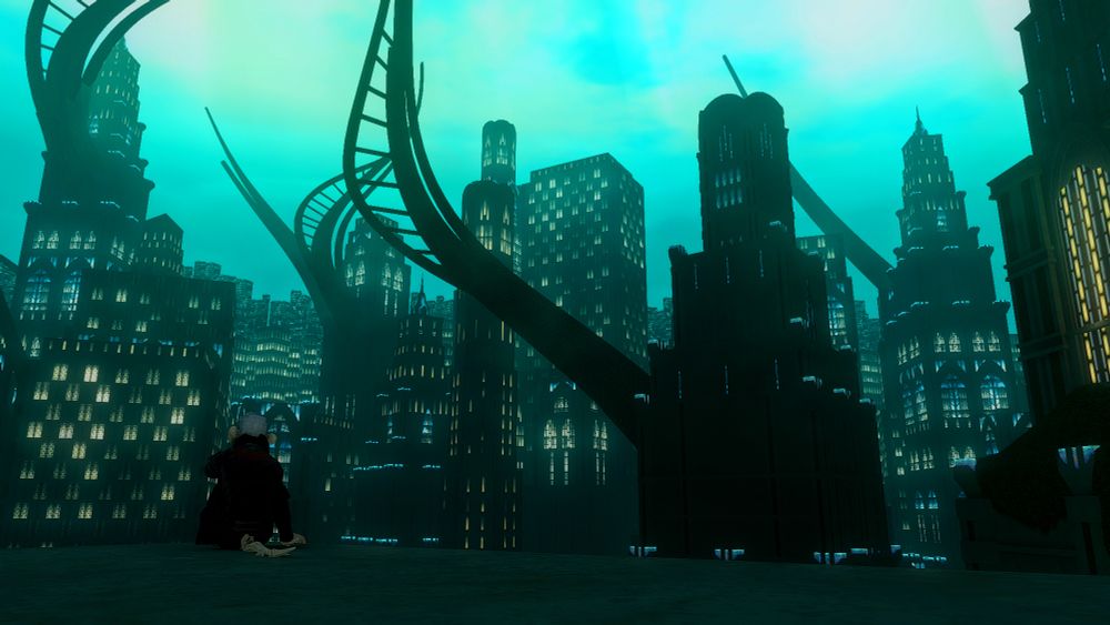 A video game screenshot depicting the skyline of a slightly art deco looking city with spiraling architecture. Everything is in a dark green/blueish tint, the windows of the skyscrapers are illuminated and shine yellow. The screenshot shows a figure dressed in black with white hair, a pair of horns and a dragon tail sitting with the back to the viewer on a skyscraper, looking outwards towards the city.