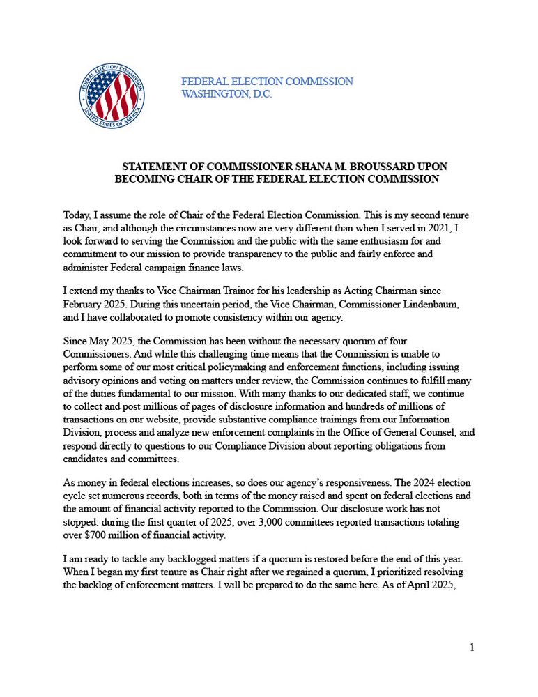 Page 1 of Chair Shana M. Broussard's statement upon becoming Chair of the Federal Election Commission