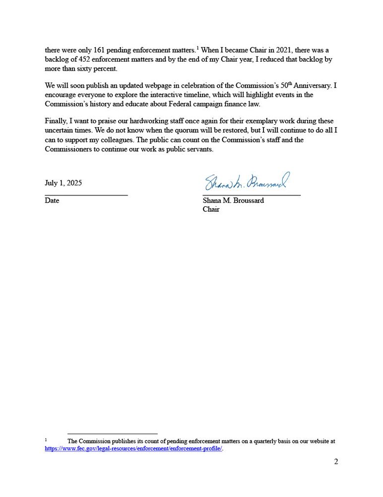 Page 2 of Chair Shana M. Broussard's statement upon becoming Chair of the Federal Election Commission