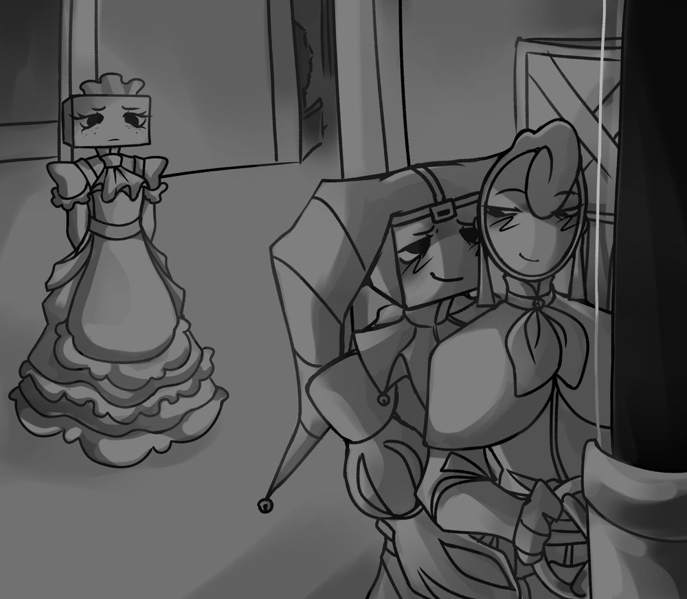 Royalty Jewelrybox au, Glisten extracting with Boxten behind him holding around his waist. Tisha in the back looking concerned 