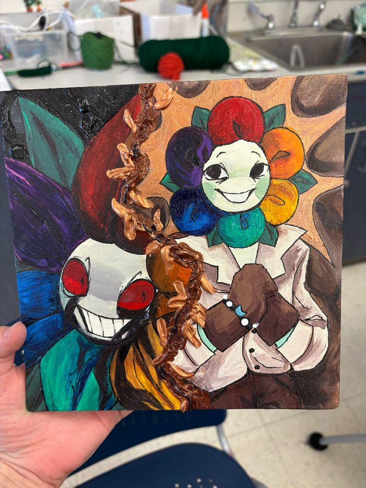 A painting of Dandy from Dandy’s world, contains twisted Dandy and normal Dandy