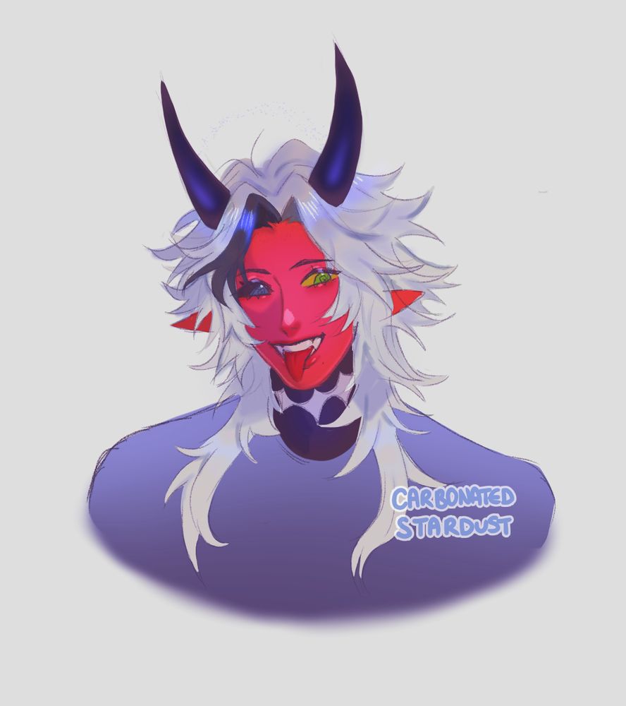 cute demon guy poking his tongue out playfully, he looks awfully smug