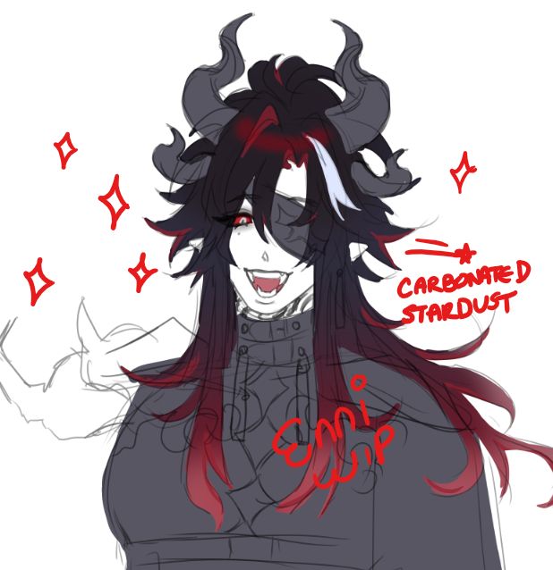 demon man character design, he has black  to red hair , four twisted horns ,an eyepatch and a large fanged grin 