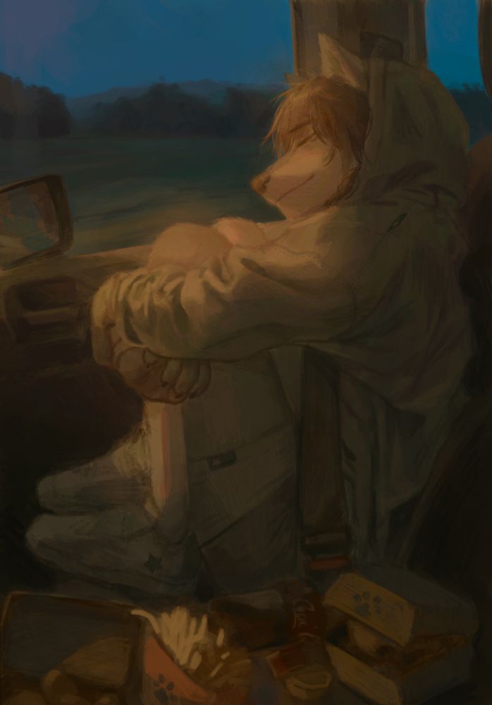 The day is coming to an end and dusk hits, all while Ploosh holds their legs as they nap in the car. Fast food boxes lay scattered around
